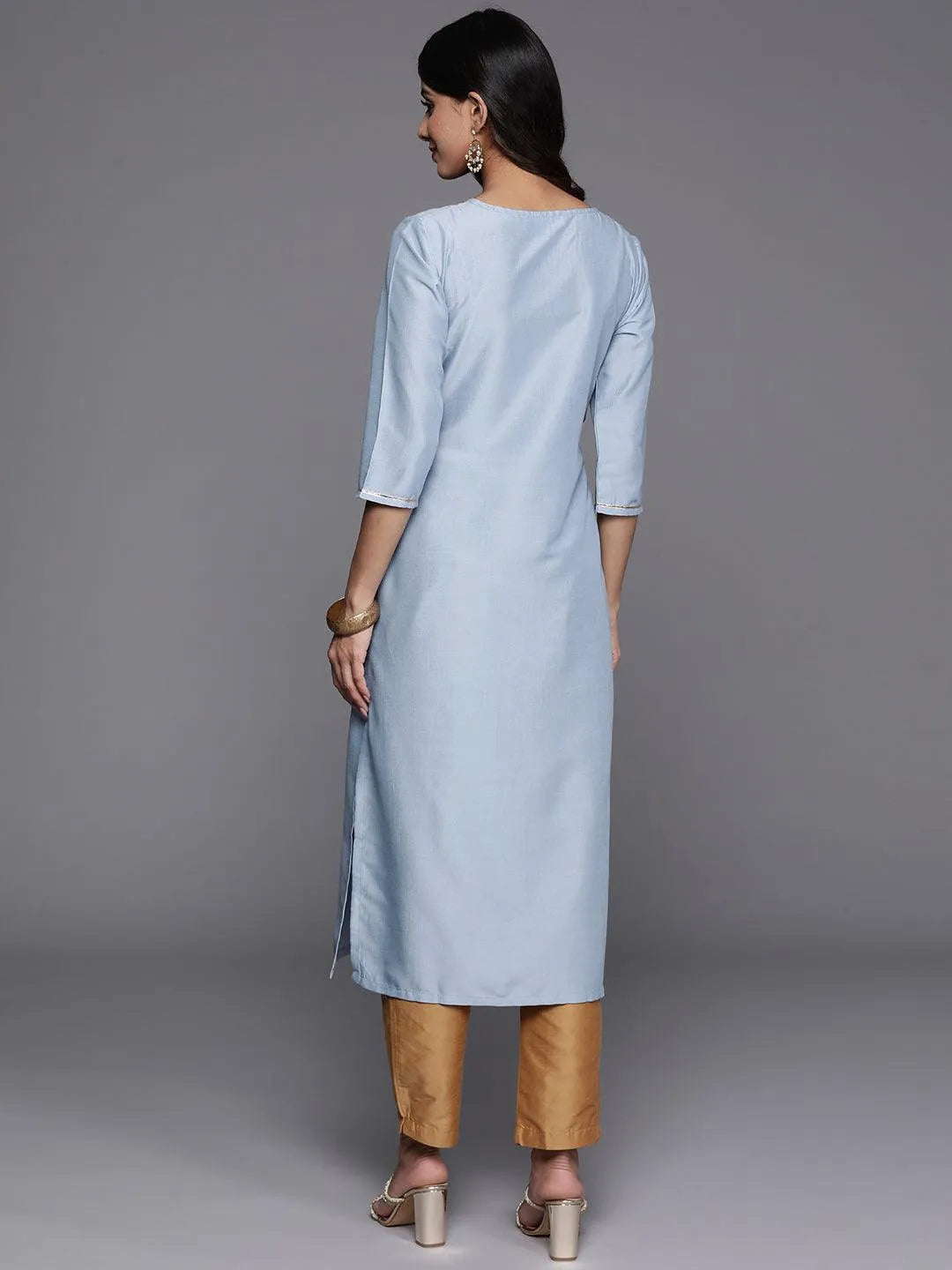 Blue Yoke Design Silk Straight Kurta - Libas 