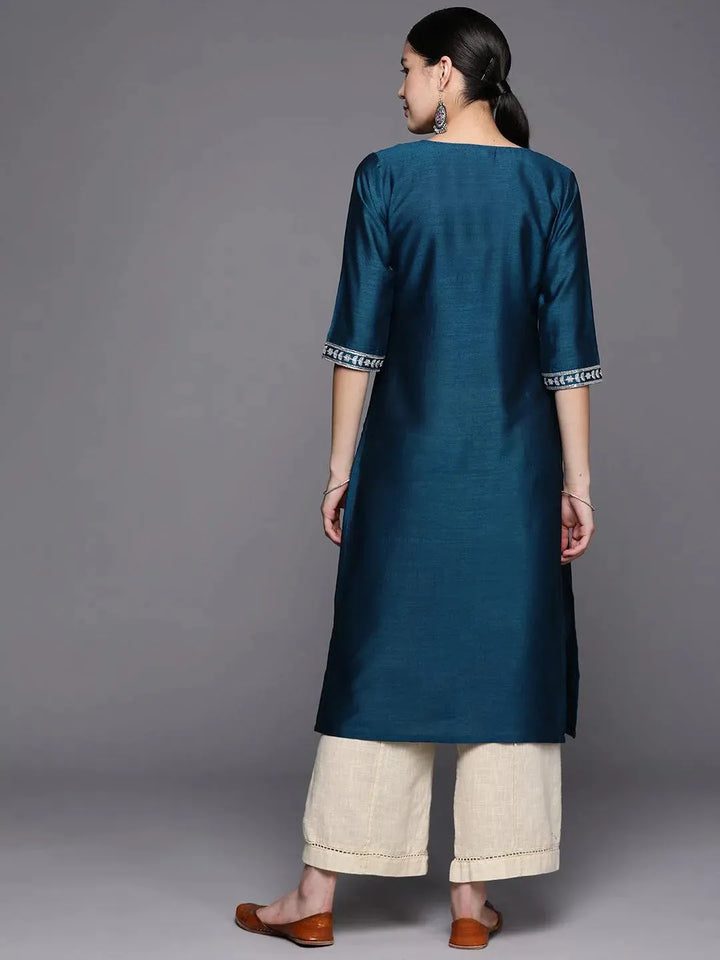 Blue Yoke Design Silk Straight Kurta - Libas