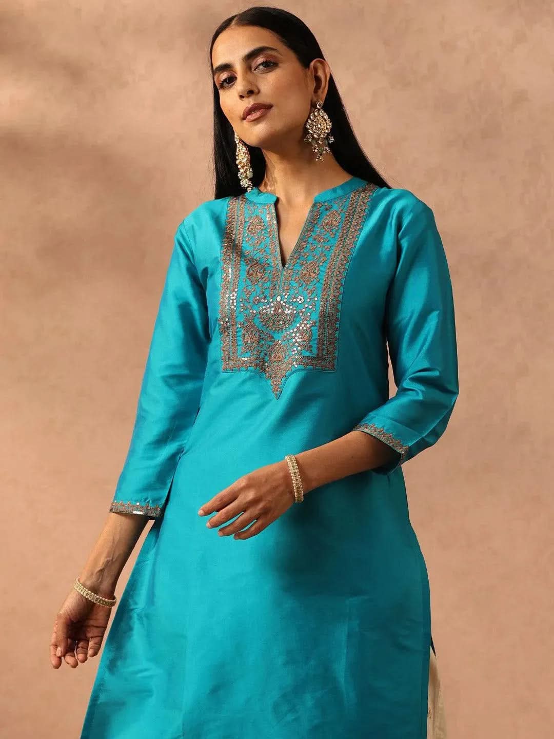 Blue Yoke Design Silk Straight Kurta - Libas 