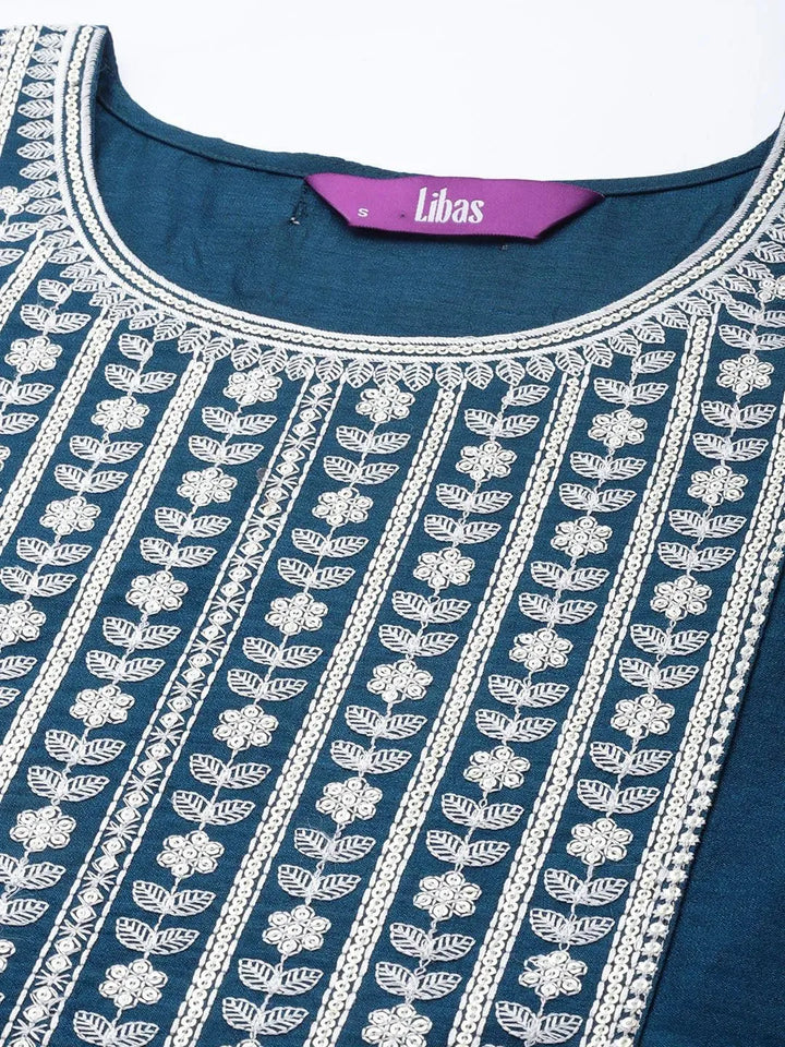 Blue Yoke Design Silk Straight Kurta - Libas