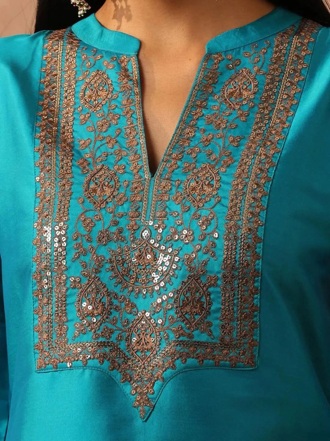 Blue Yoke Design Silk Straight Kurta - Libas 