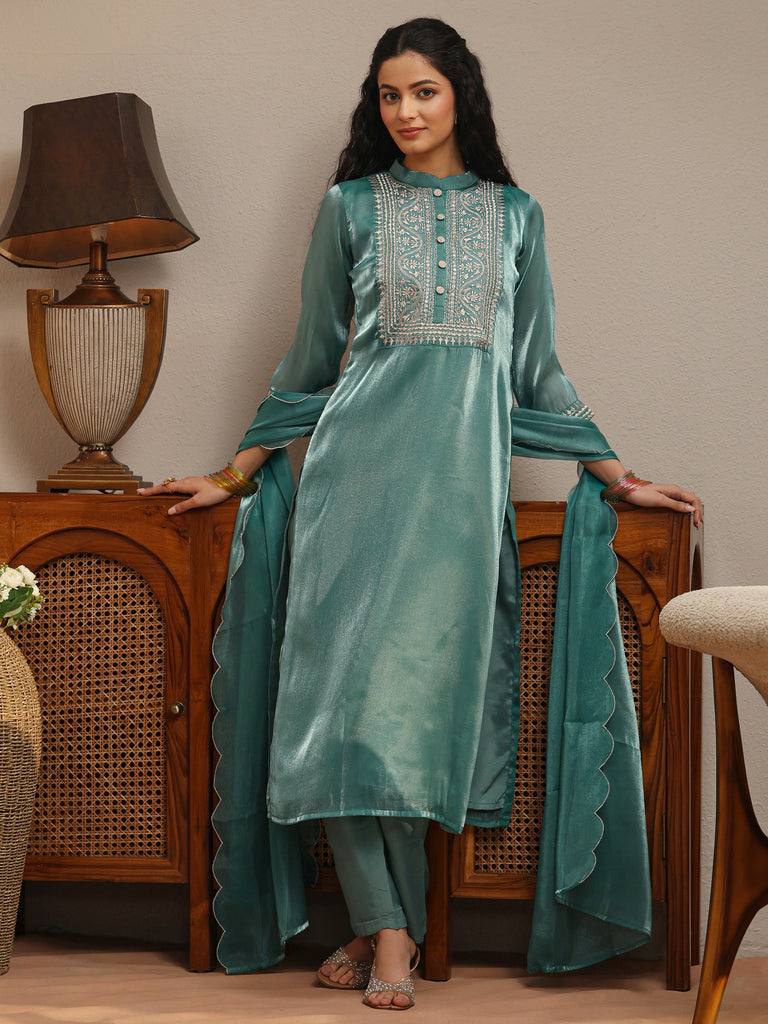 Gerua Blue Yoke Design Tissue Straight Suit Set