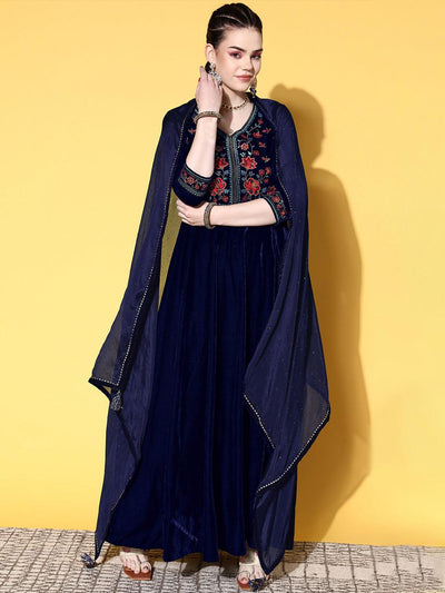 Blue Yoke Design Velvet Anarkali Suit Set - Libas