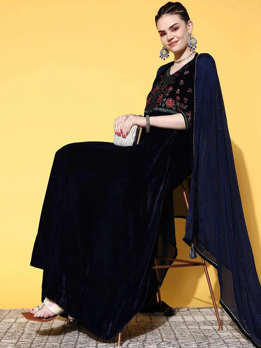 Blue Yoke Design Velvet Anarkali Suit Set - Libas 