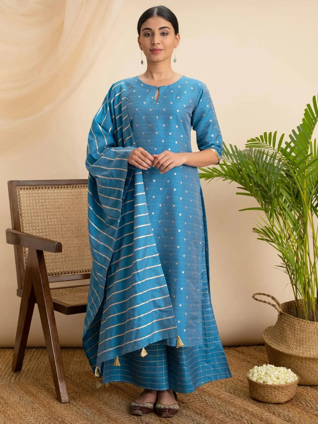 Blue Zari Work Chanderi Suit Set - Libas