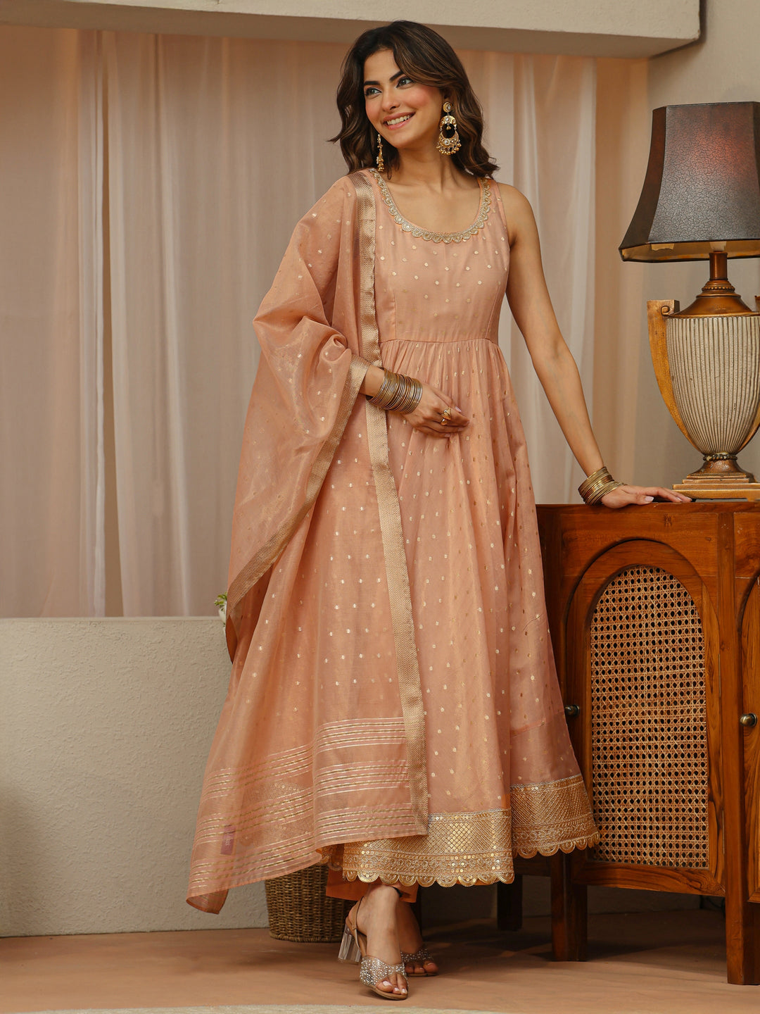  Blush Peach Woven Design Chanderi Silk Sleeveless Anarkali Suit Set 