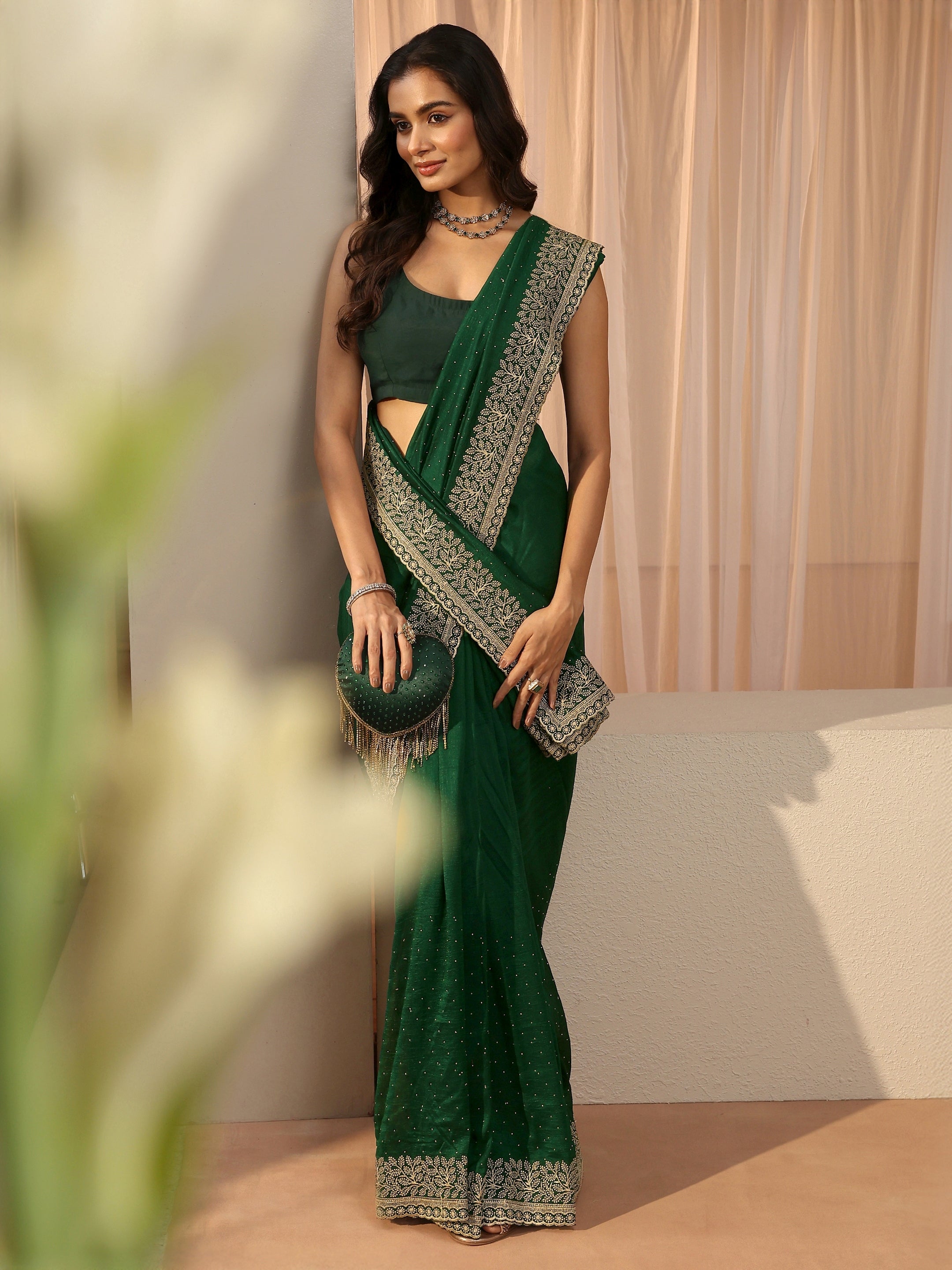 libas Bottle Green Embellished Silk Blend Saree-picture-10