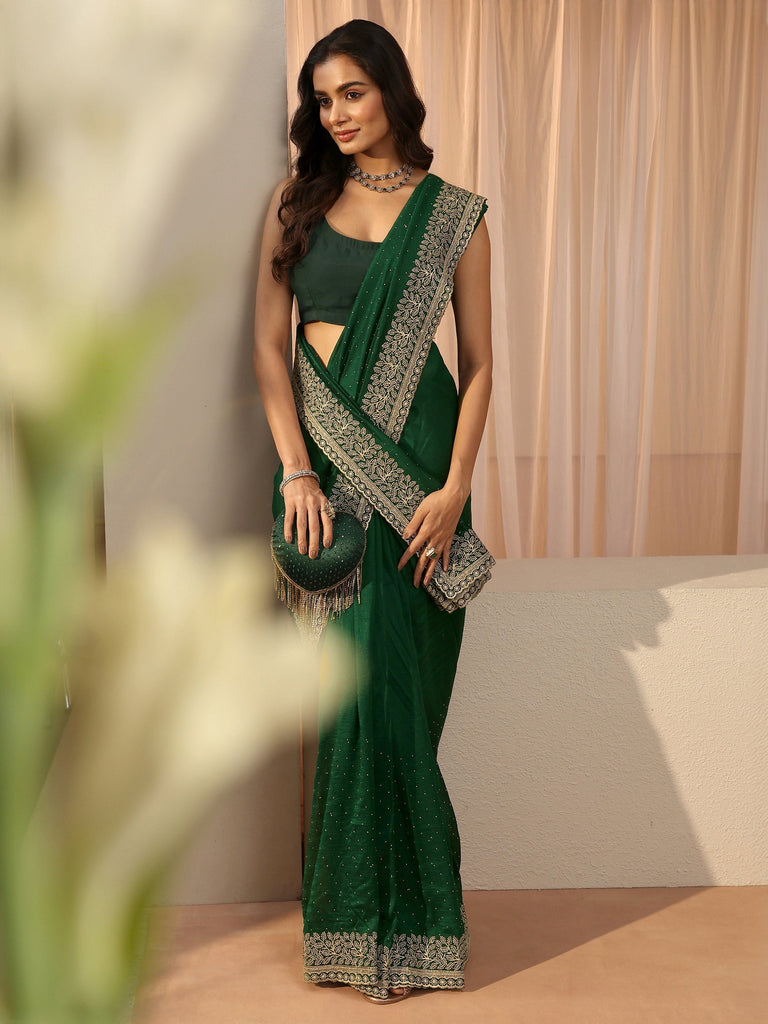 Libas Bottle Green Embellished Silk Blend Saree