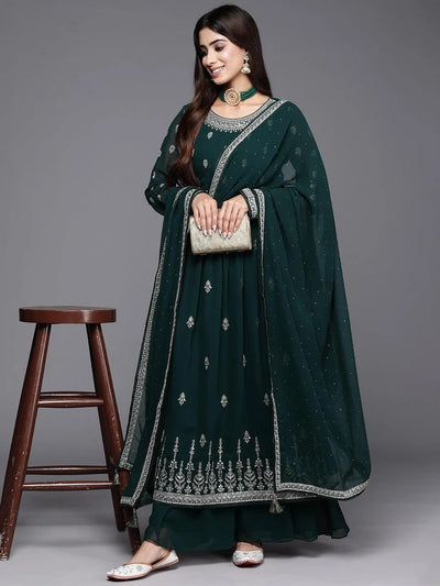 Green Embroidered Georgette A-Line Kurta With Palazzos & Dupatta