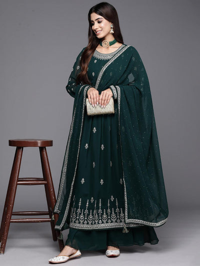 Bottle Green Embroidered Georgette A-Line Kurta With Palazzos & Dupatta - Libas
