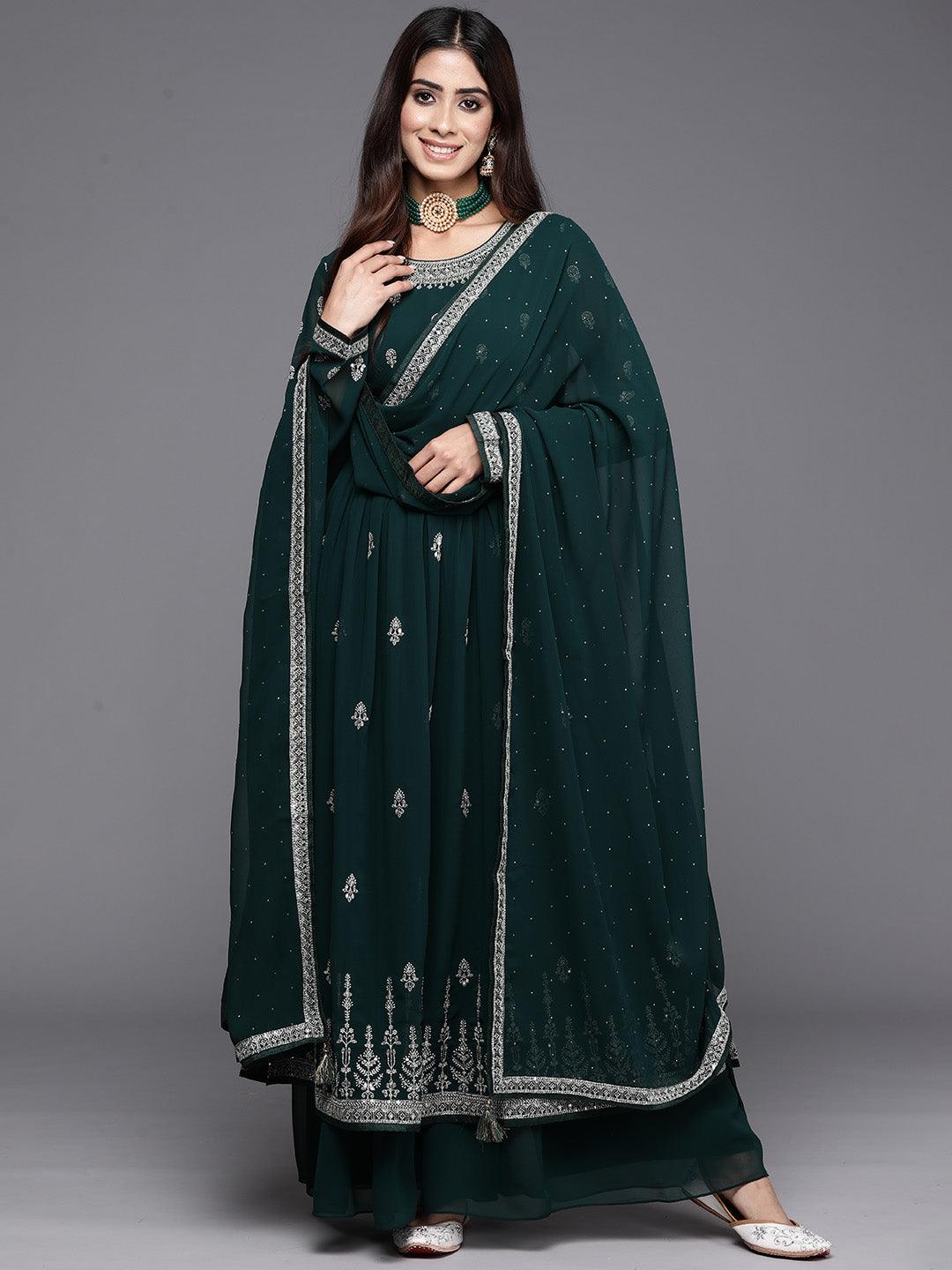 Bottle Green Embroidered Georgette A-Line Kurta With Palazzos & Dupatta