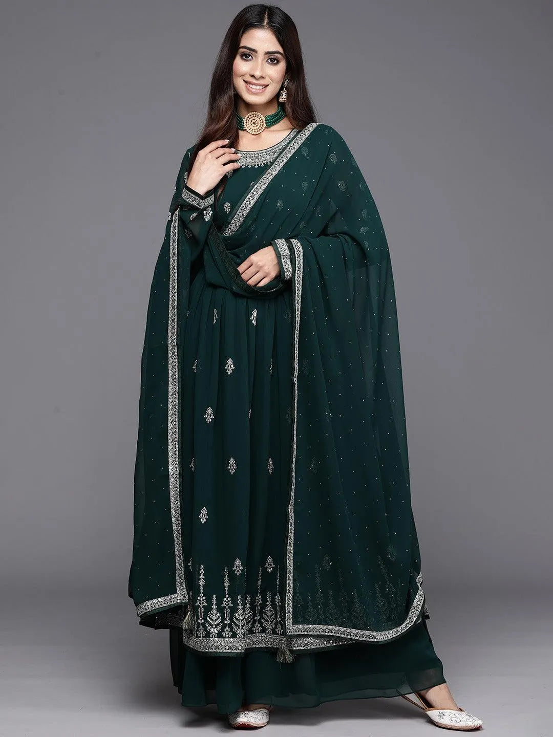 Bottle Green Embroidered Georgette A-Line Kurta With Palazzos & Dupatta - Libas