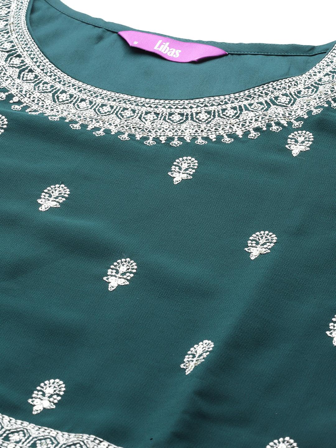 Bottle Green Embroidered Georgette A-Line Kurta With Palazzos & Dupatta - Libas