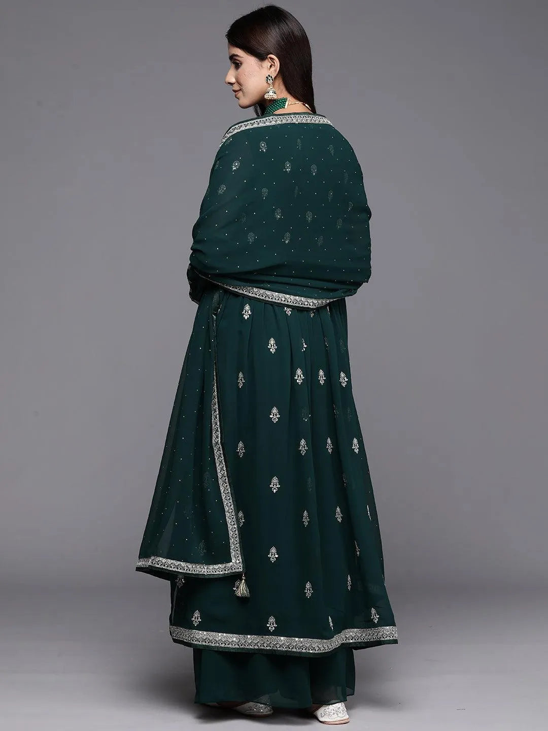 Bottle Green Embroidered Georgette A-Line Kurta With Palazzos & Dupatta - Libas 
