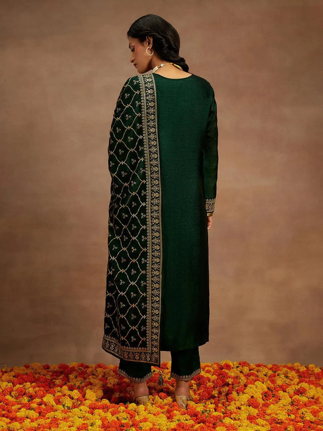 Bottle Green Embroidered Silk Blend Straight Kurta With Trousers & Dupatta - Libas 