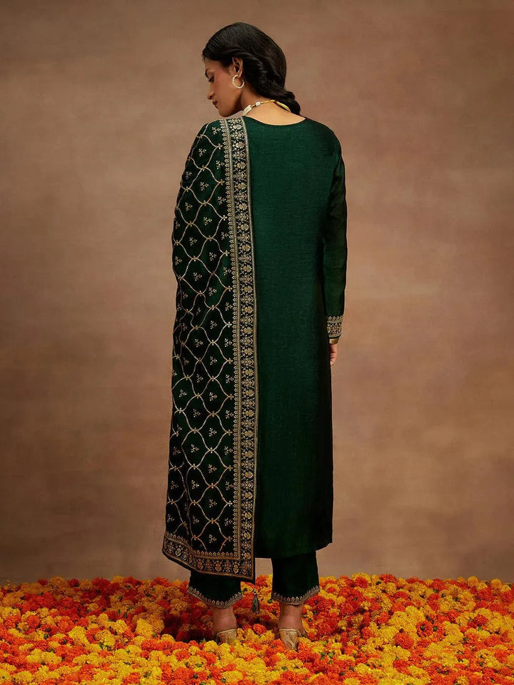 Bottle Green Embroidered Silk Blend Straight Kurta With Trousers & Dupatta - Libas