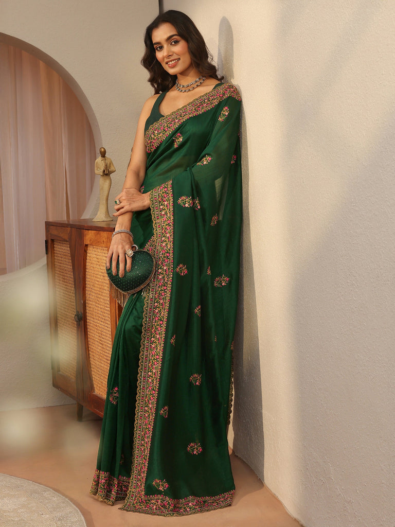 Libas Bottle Green Floral Embroidered Silk Blend Saree