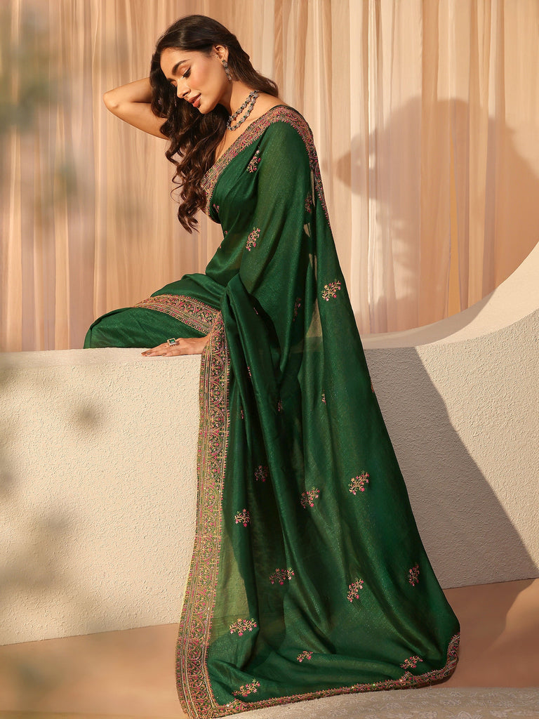 Libas Bottle Green Floral Embroidered Silk Blend Saree