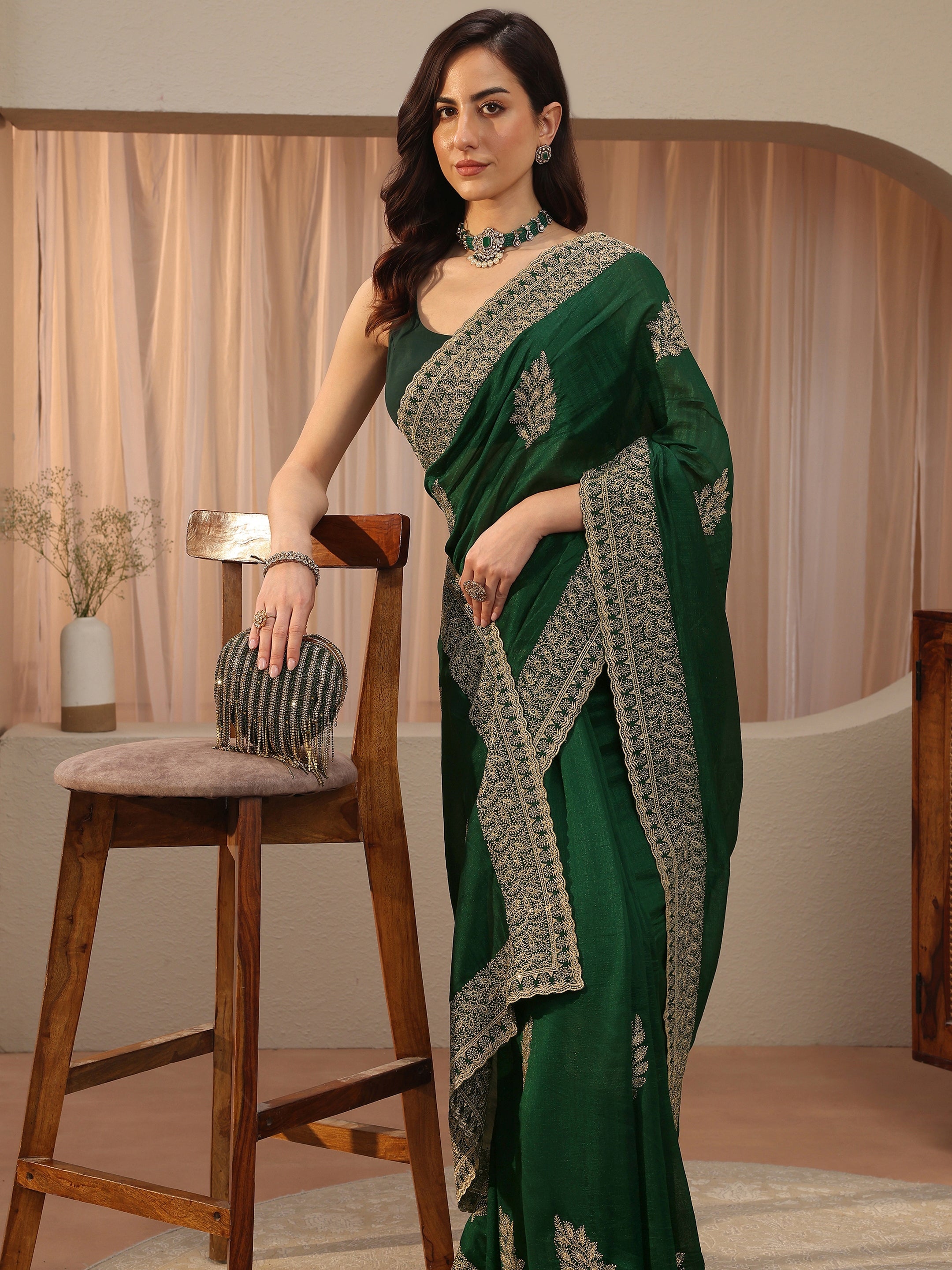 Libas Bottle Green Floral Embroidered Silk Blend Saree-picture-17