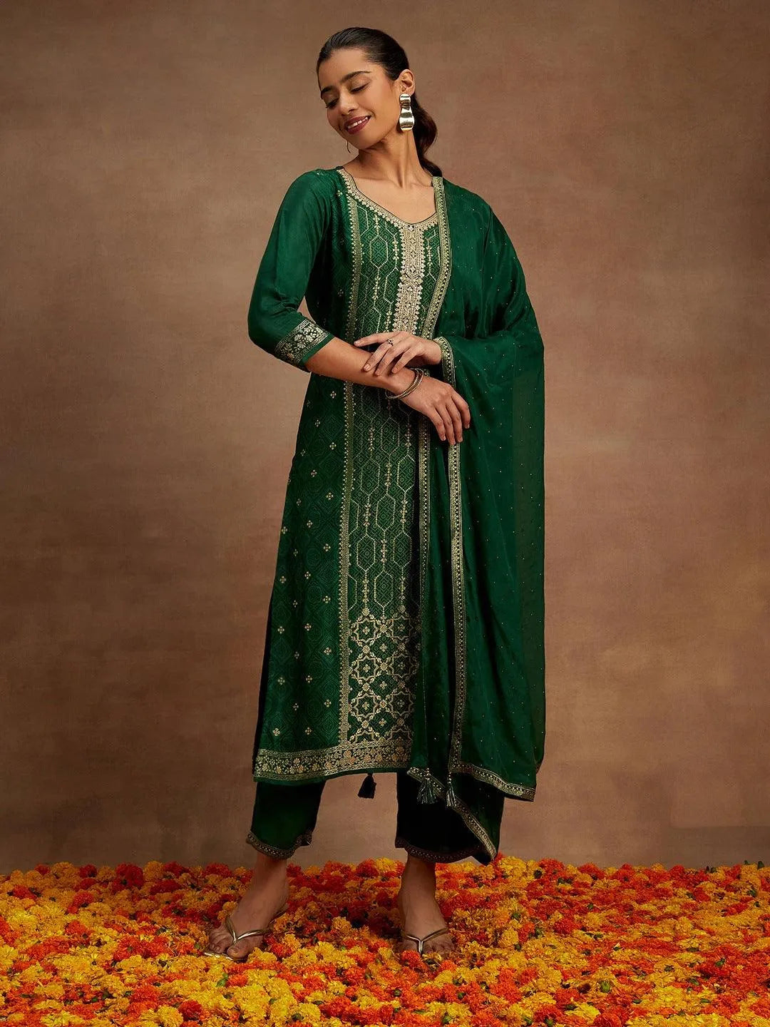 Bottle Green Woven Design Silk Blend Straight Kurta With Trousers & Dupatta - Libas 