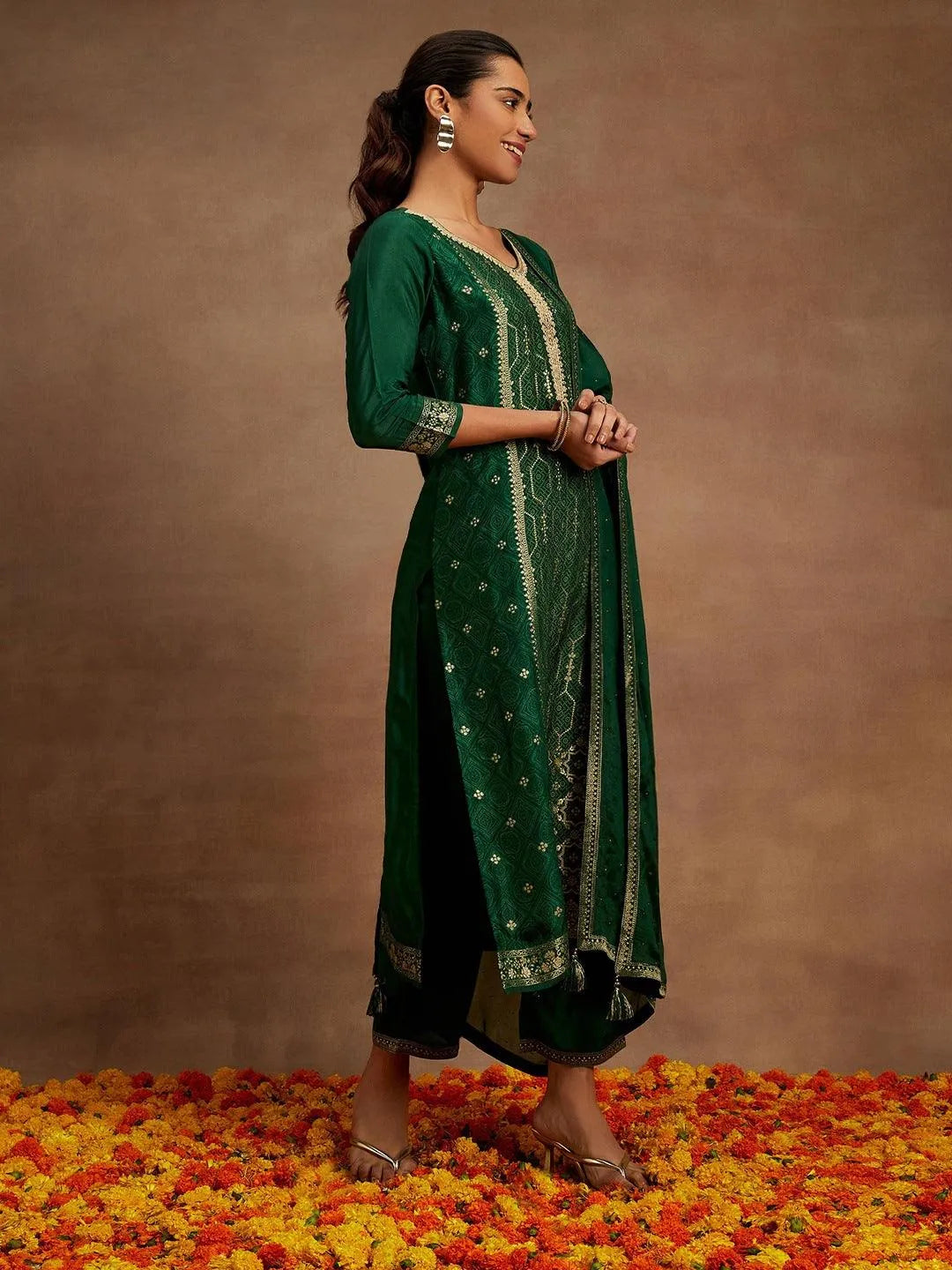 Bottle Green Woven Design Silk Blend Straight Kurta With Trousers & Dupatta - Libas 