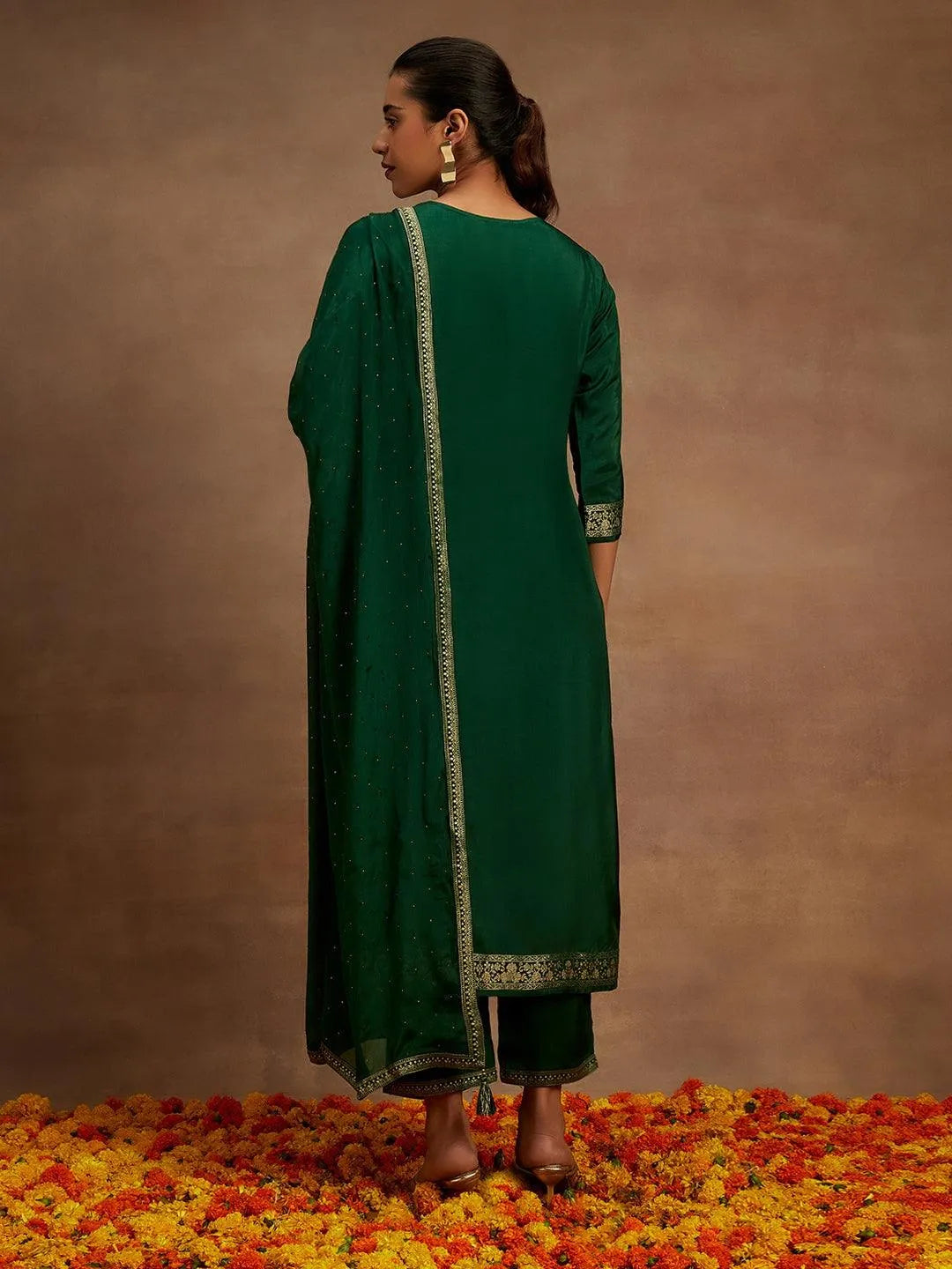 Bottle Green Woven Design Silk Blend Straight Kurta With Trousers & Dupatta - Libas 