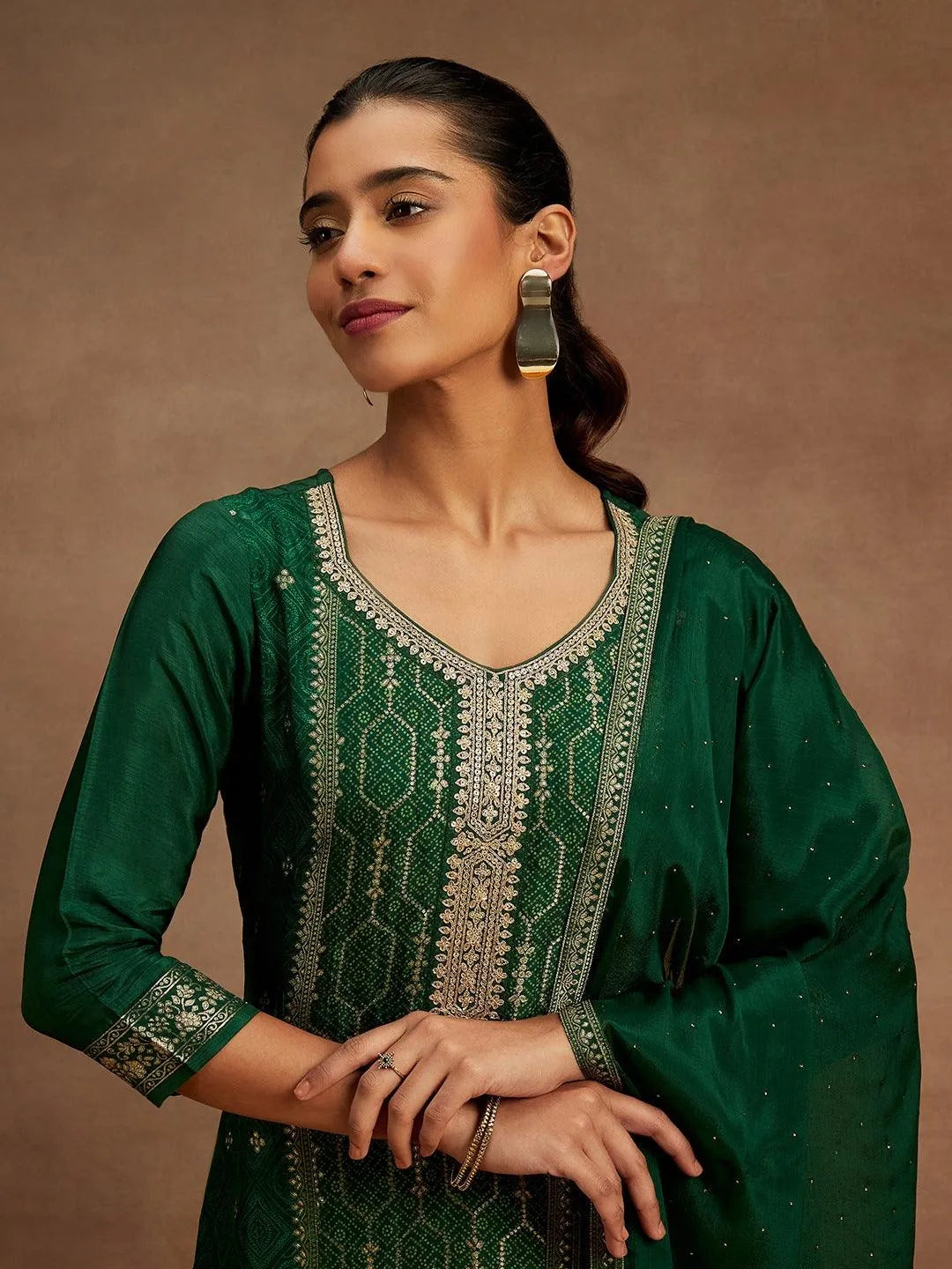 Bottle Green Woven Design Silk Blend Straight Kurta With Trousers & Dupatta - Libas 