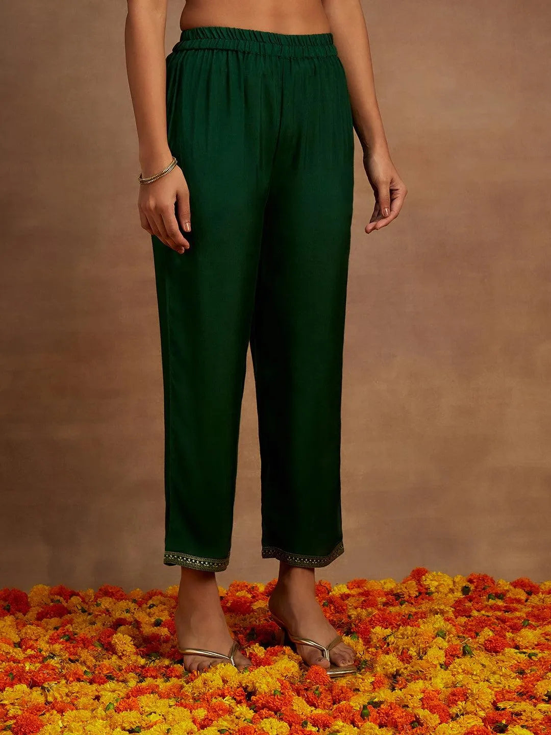 Bottle Green Woven Design Silk Blend Straight Kurta With Trousers & Dupatta - Libas 