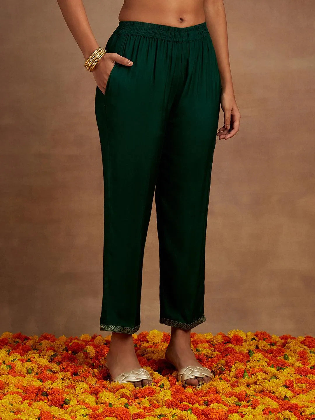Bottle Green Woven Design Silk Blend Straight Kurta With Trousers & Dupatta - Libas 