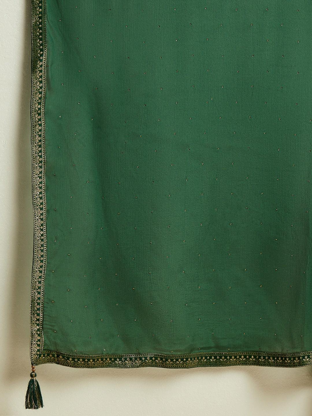 Green Woven Design Silk Blend Straight Suit With Dupatta