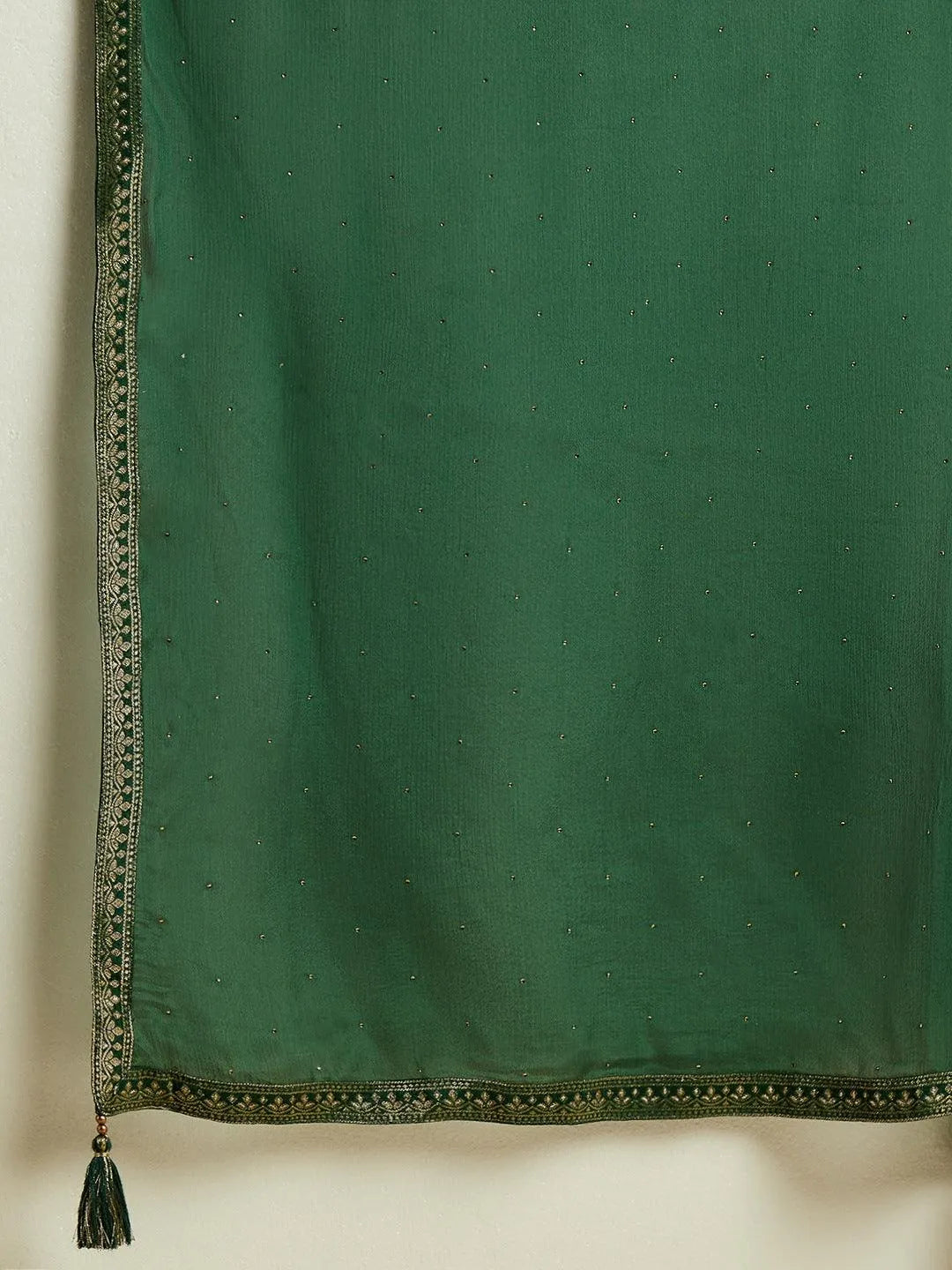 Bottle Green Woven Design Silk Blend Straight Kurta With Trousers & Dupatta - Libas 
