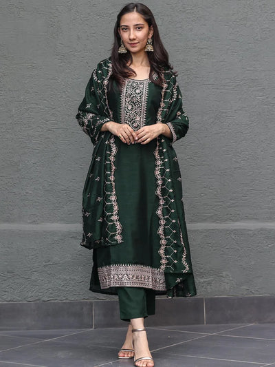 Bottle Green Yoke Design Silk Blend Straight Kurta With Trousers & Dupatta - Libas