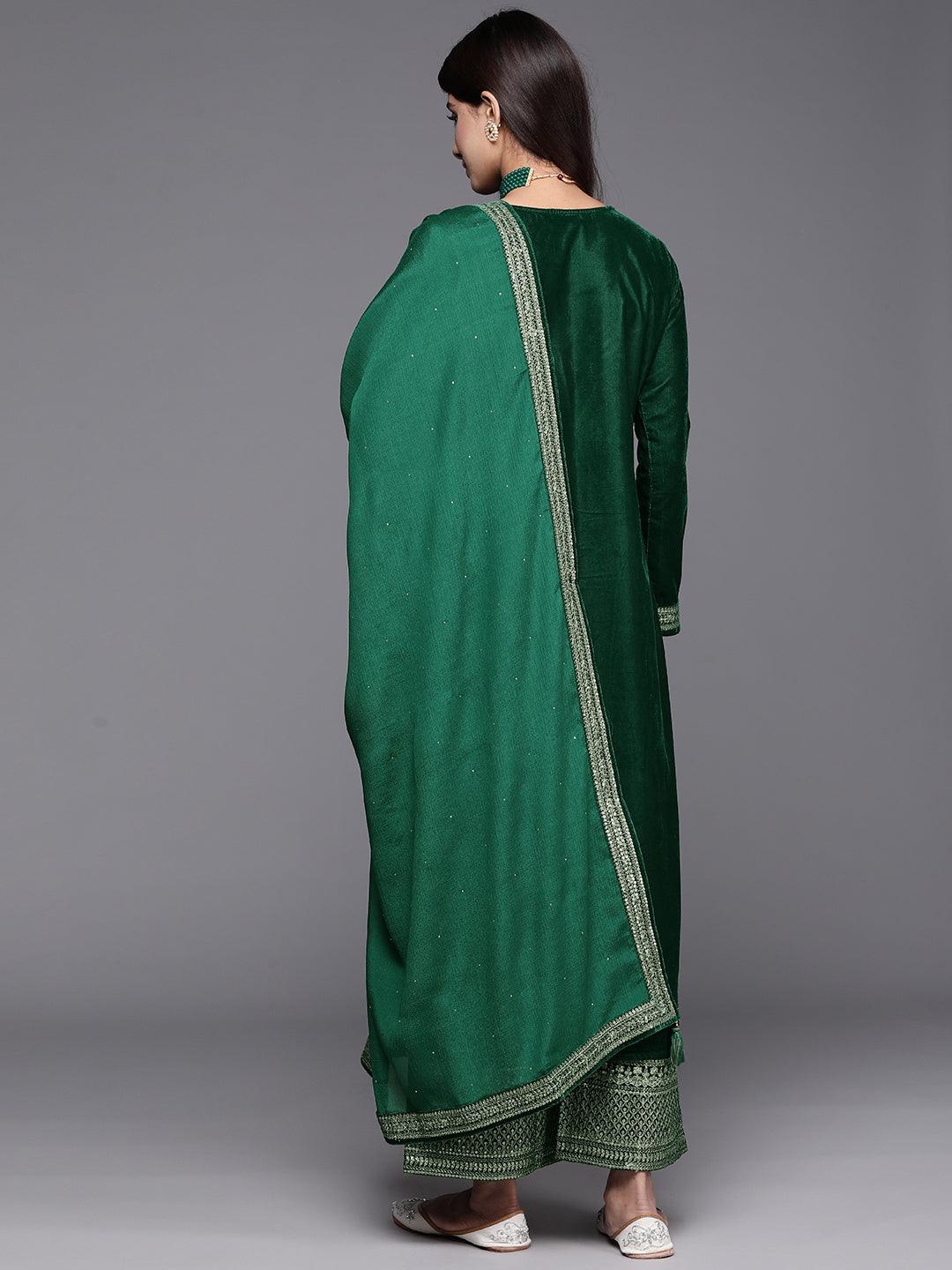 Green Yoke Design Velvet Straight Suit With Dupatta
