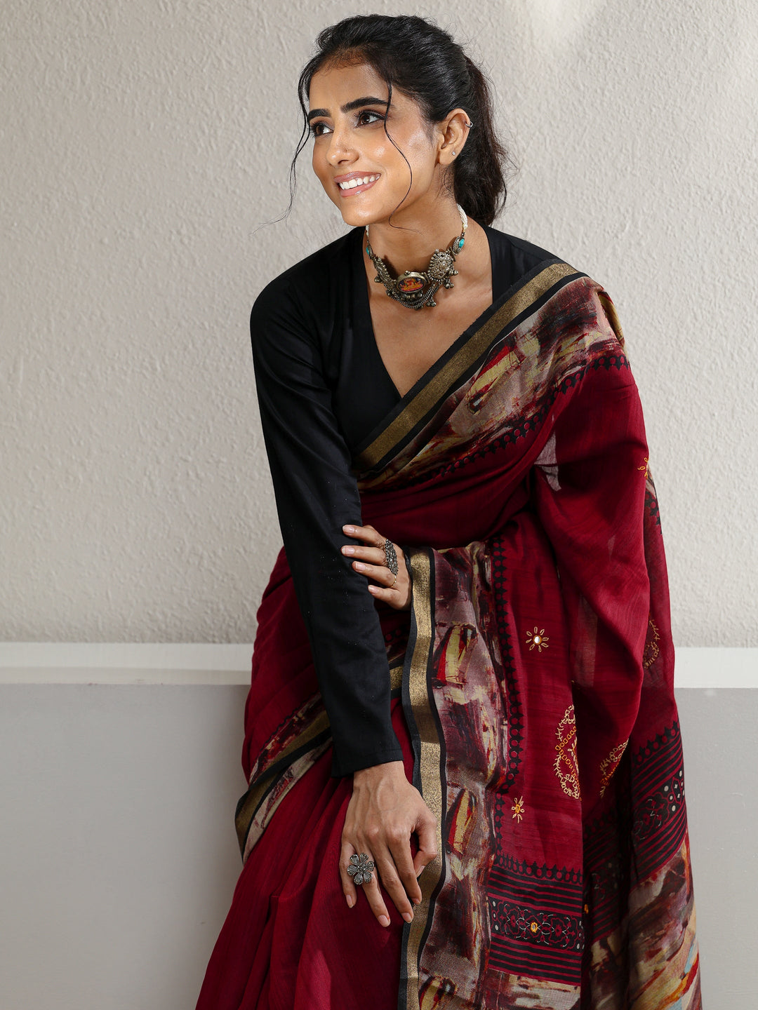  Brick Red Abstract Art Print Silk Blend Saree 