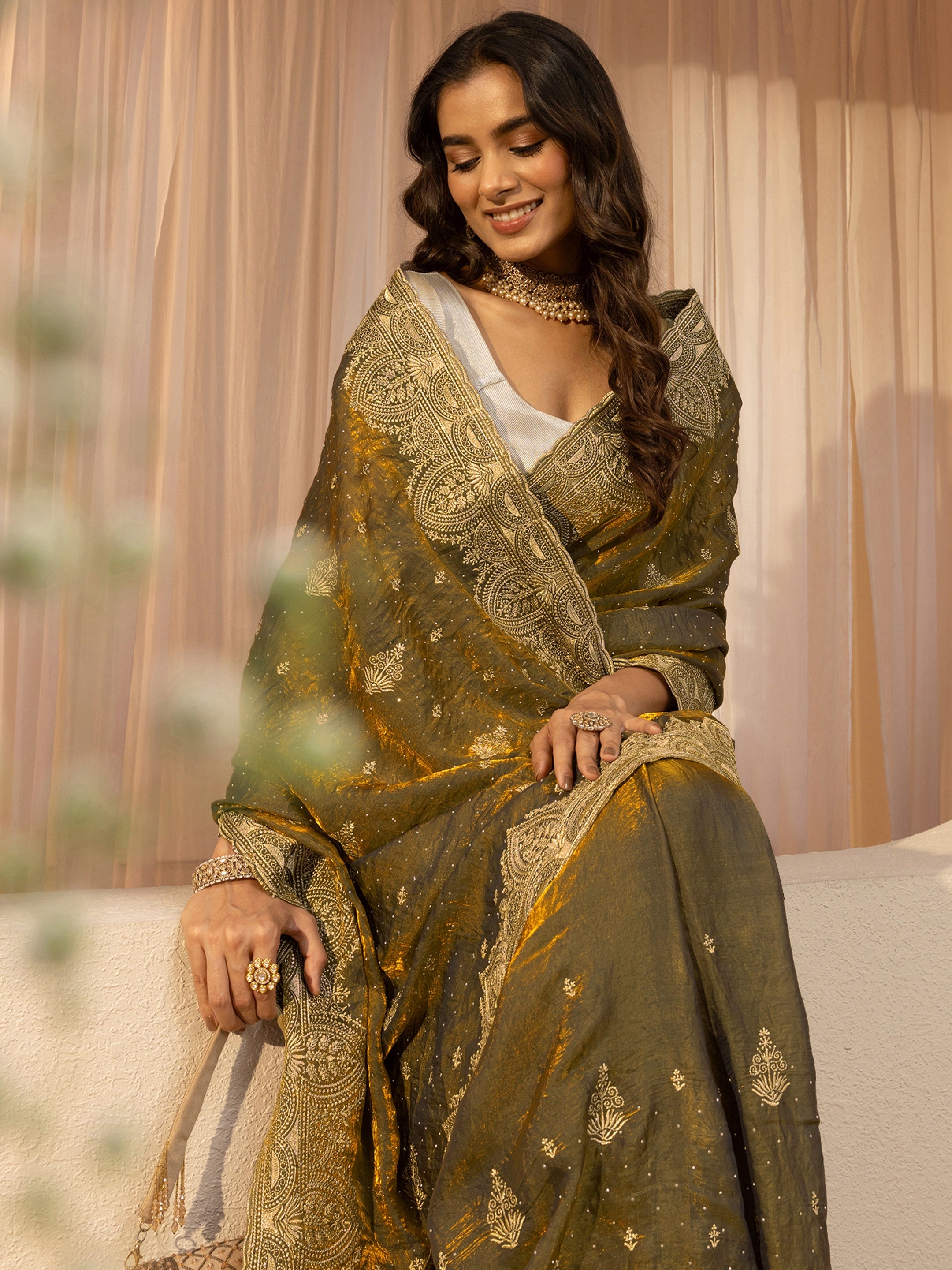 libas Bronze Olive Green Ethnic Embroidered Tissue Saree-picture-11