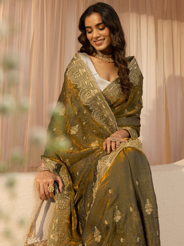 Bronze Olive Green Ethnic Embroidered Tissue Saree