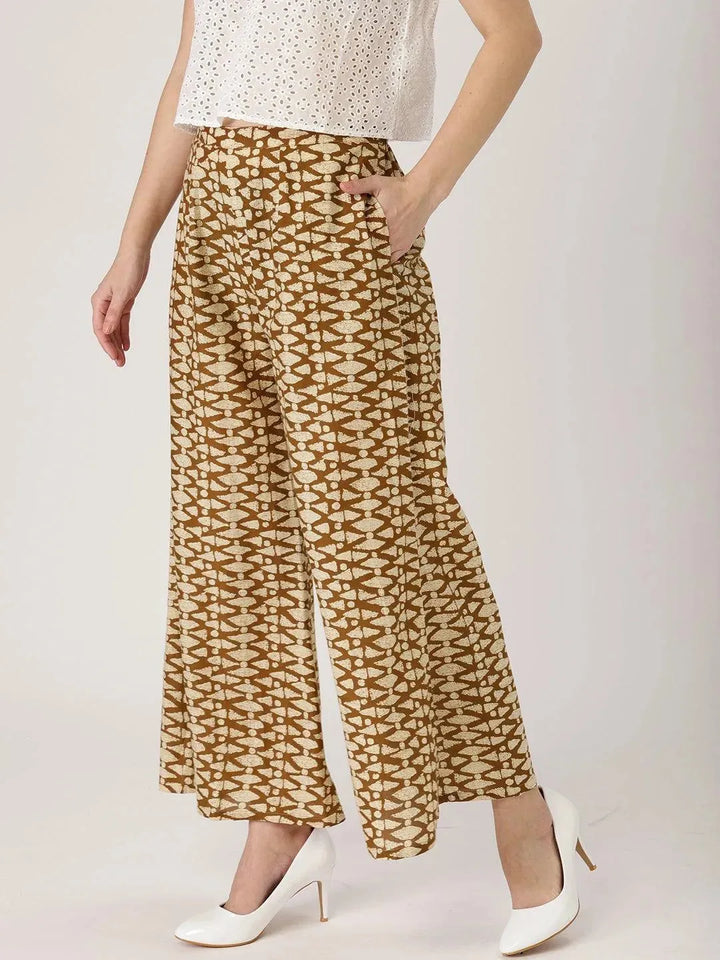 Brown Abstract Cotton Palazzos - Libas