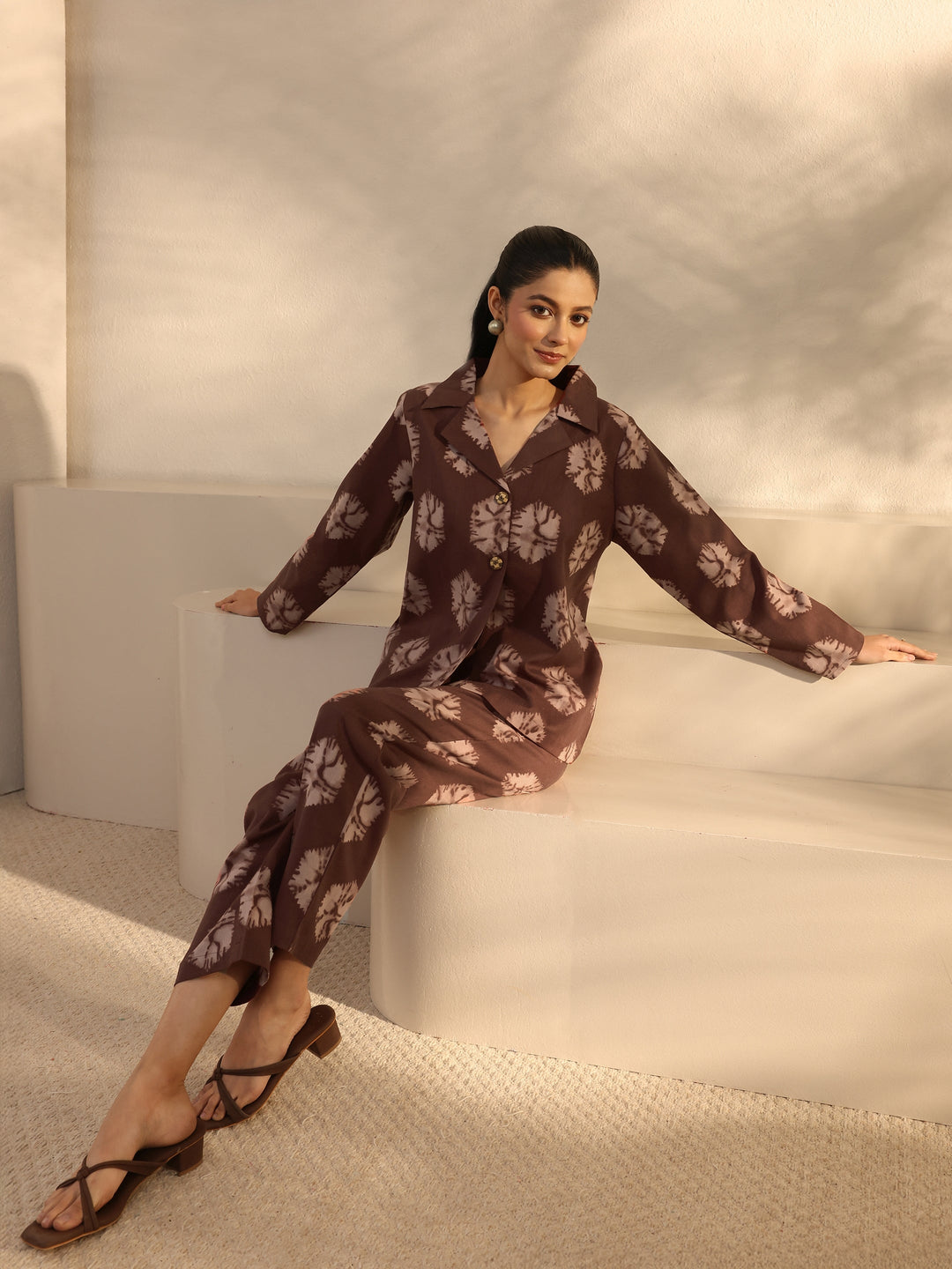  Brown Abstract Printed Cotton Blend Co-Ord Set 