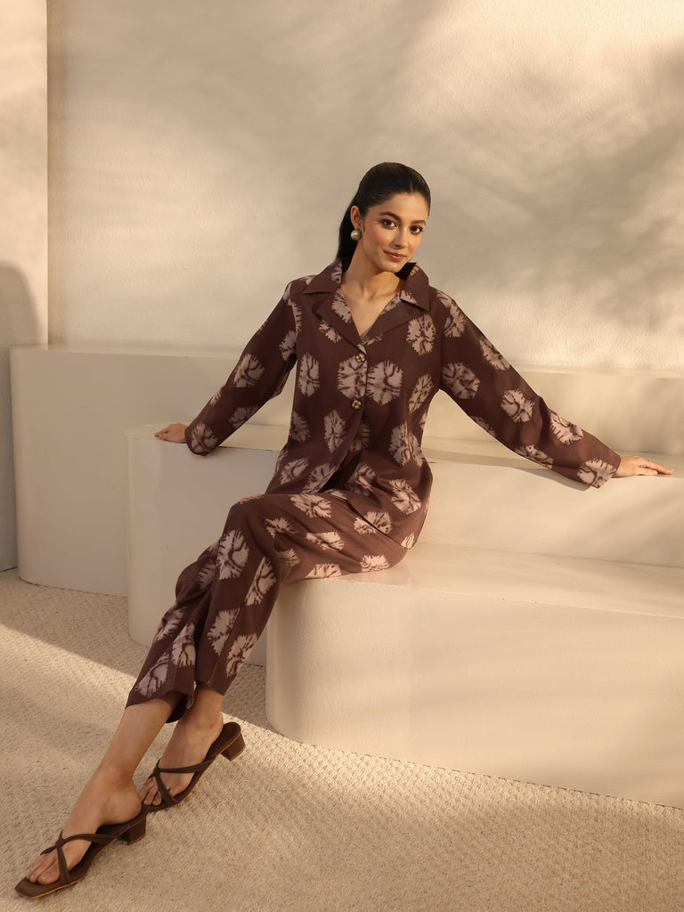 Libas Brown Abstract Printed Cotton Blend Co-Ord Set