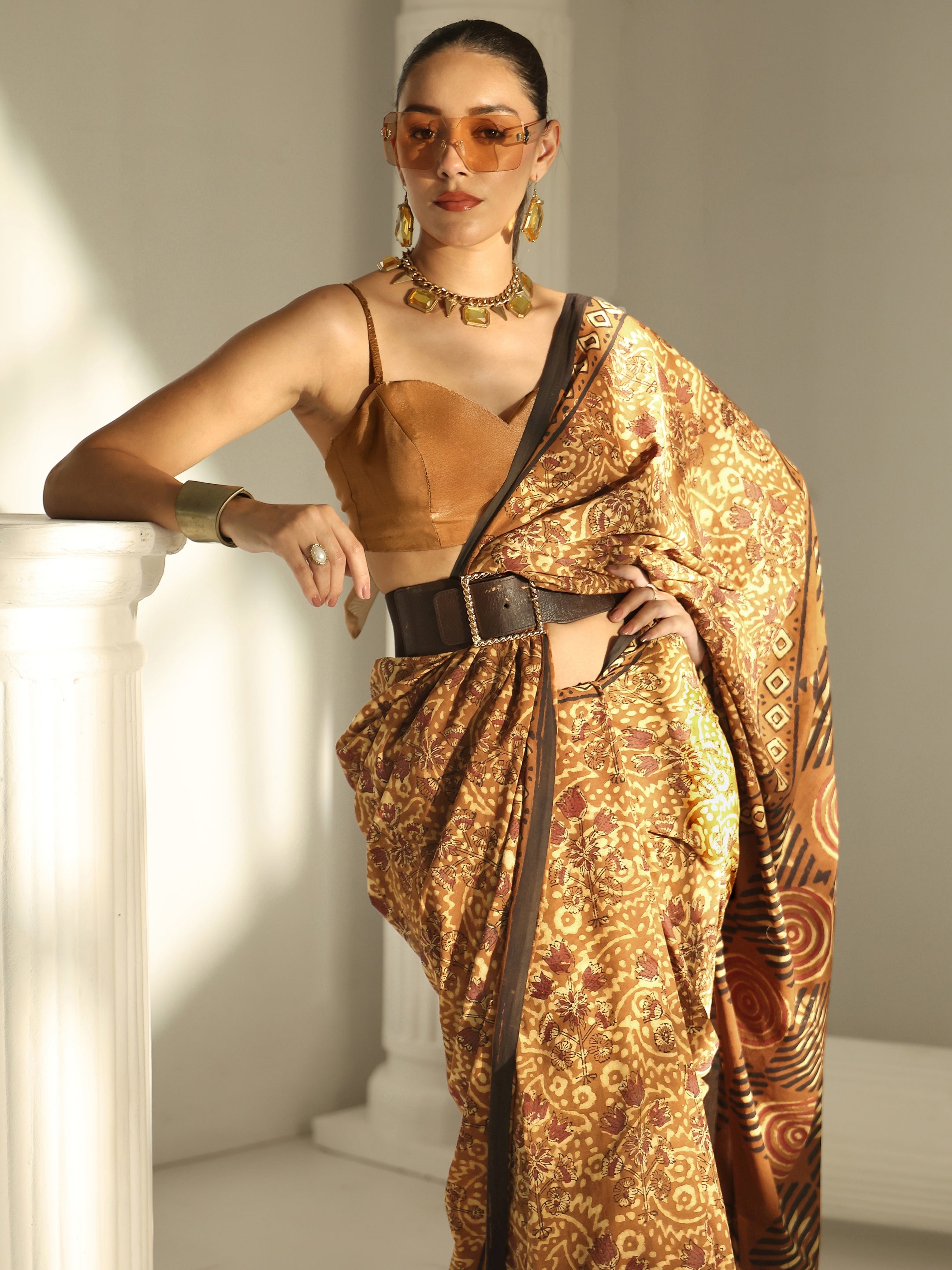 libas Brown Bagru Print Cotton Saree-picture-13