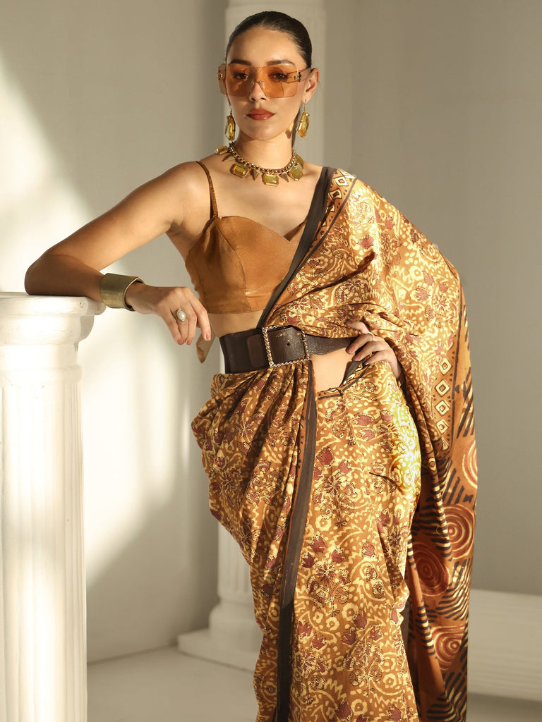 Libas Brown Bagru Print Cotton Saree