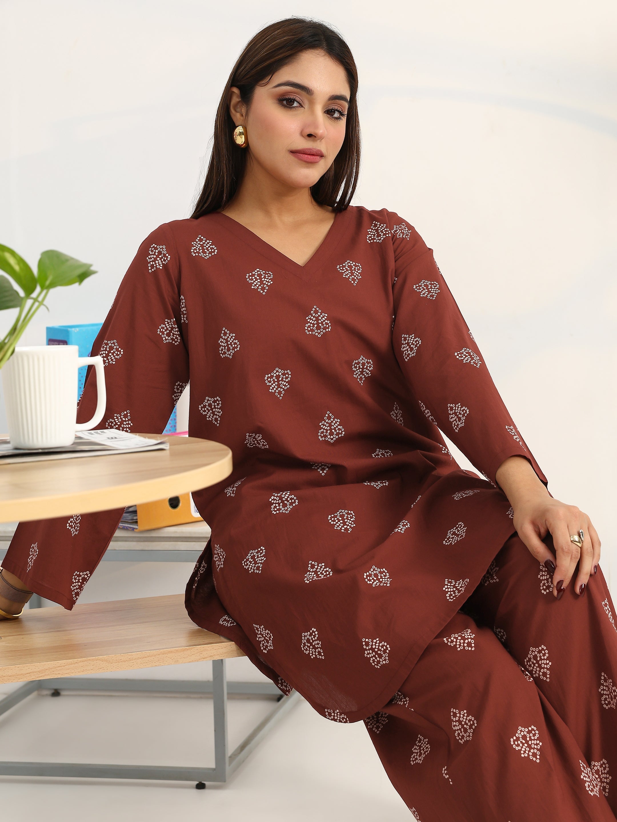 libas Brown Bandhani Printed Cotton Blend Straight Kurta Set-picture-39