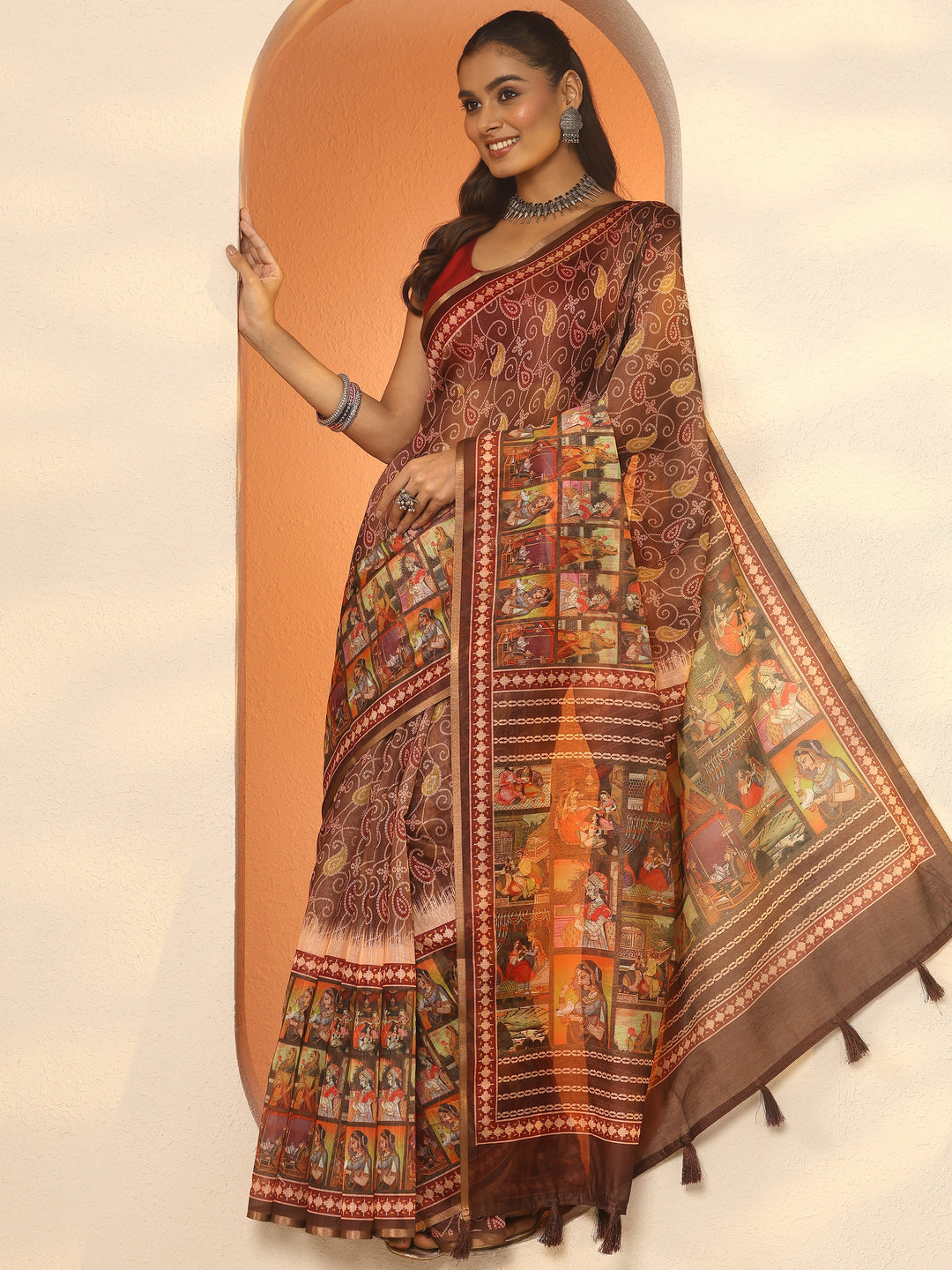  Brown Bandhani Printed Silk Blend Saree With Unstitched Blouse Piece 