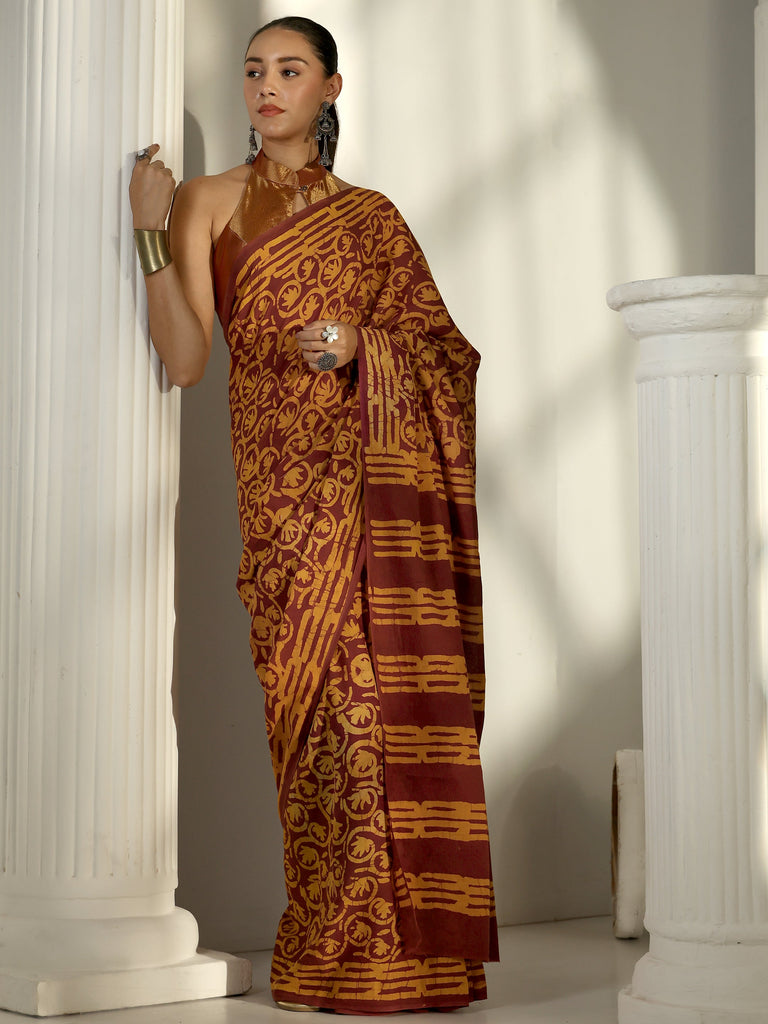 Libas Brown Bagru Print Cotton Saree