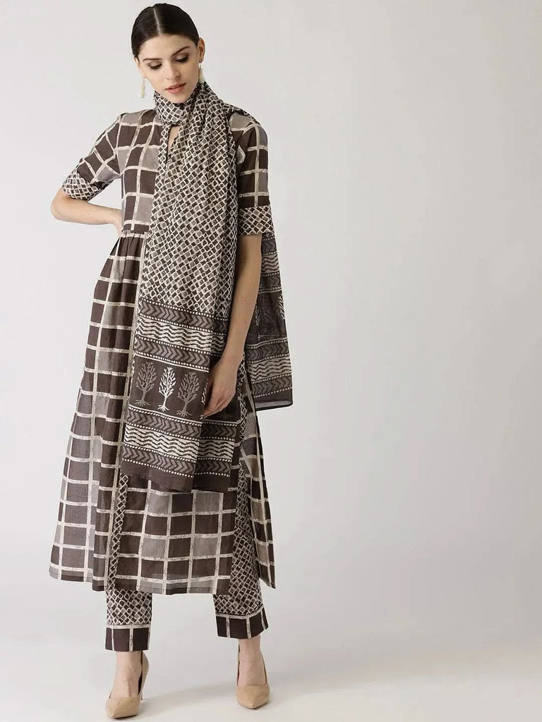 Libas Brown Checkered Cotton A-Line Kurta With Dupatta