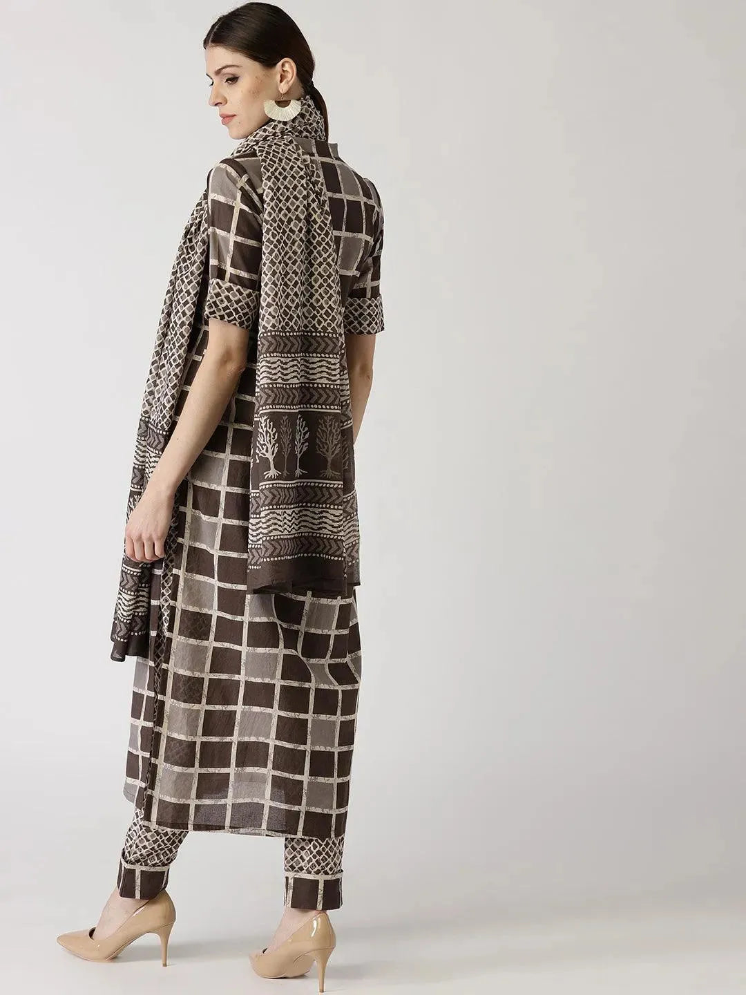 Brown Checkered Cotton Suit Set - Libas 
