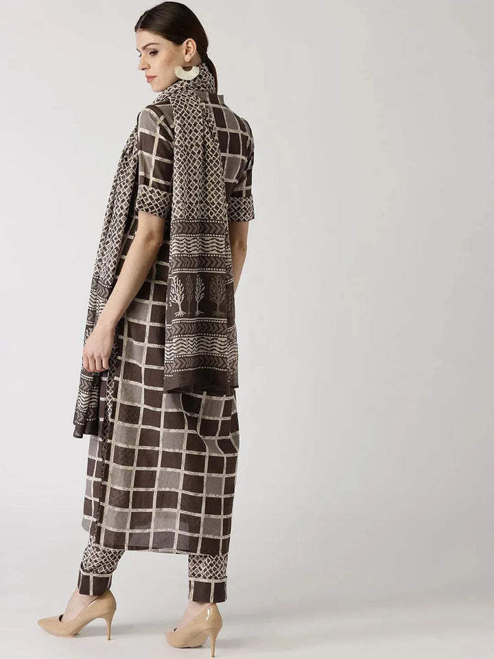 Brown Checkered Cotton Suit Set - Libas