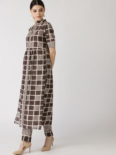 Brown Checkered Cotton Suit Set - Libas