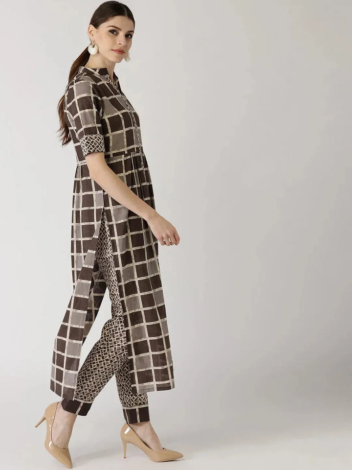 Brown Checkered Cotton Suit Set - Libas