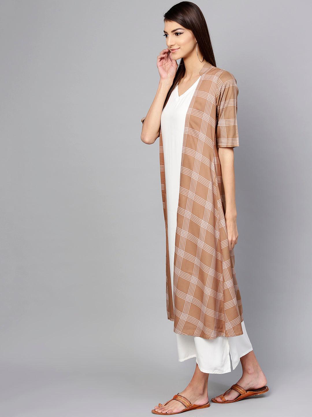 Brown Checkered Rayon Dress With Jacket